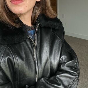 Vintage Leather Jacket with Faux Fur Collar